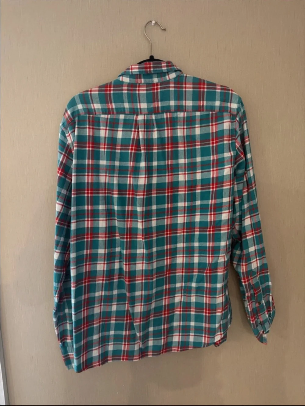 J. Crew large Teal Red Plaid Button-Down flannel Shirt